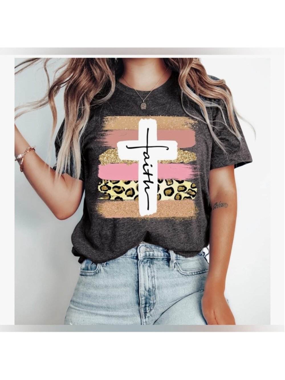 NEW Gray Love in Faith Cross Christian T-Shirt Ring spun cotton Apparel 2X